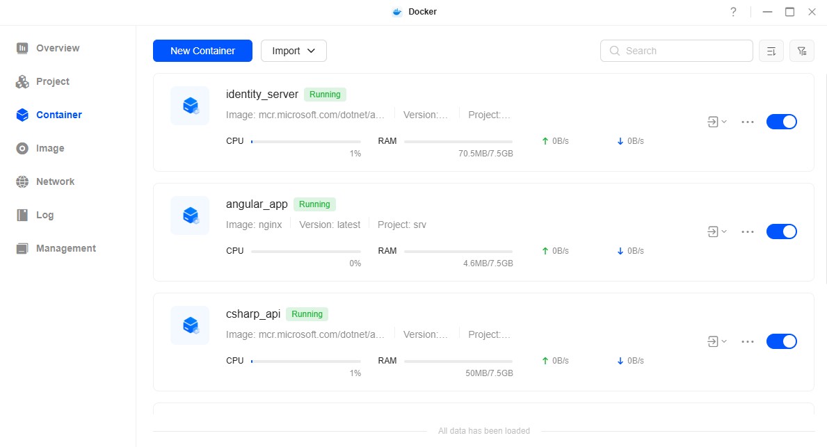 Docker Desktop showing running identity, web, and API containers